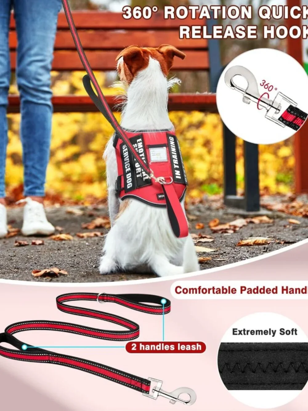 Adjustable Reflective Service Dog Vest Harness & Leash Set + 10 Patches, XS